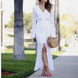 Venus Maxi Large Dress Train Crochet Knit White Long Bell Sleeve Beach Resort